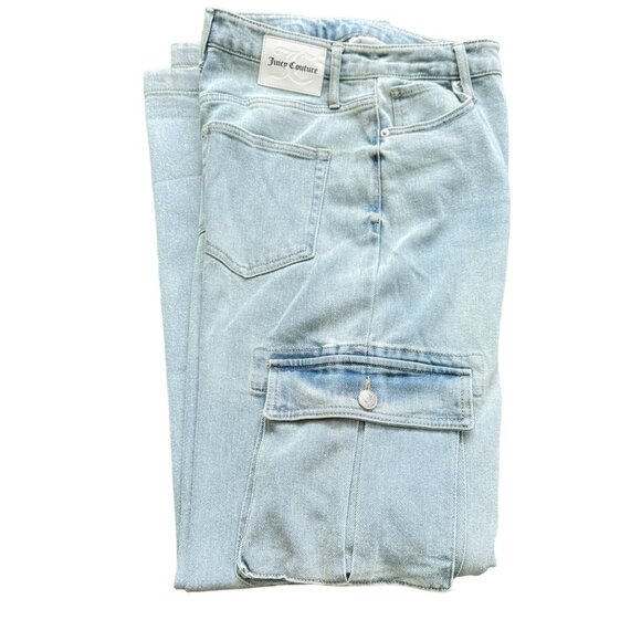 Juicy Couture Womens Wide Leg Cargo Jeans Light blue Denim Size 29 highwaist new - Picture 12 of 13